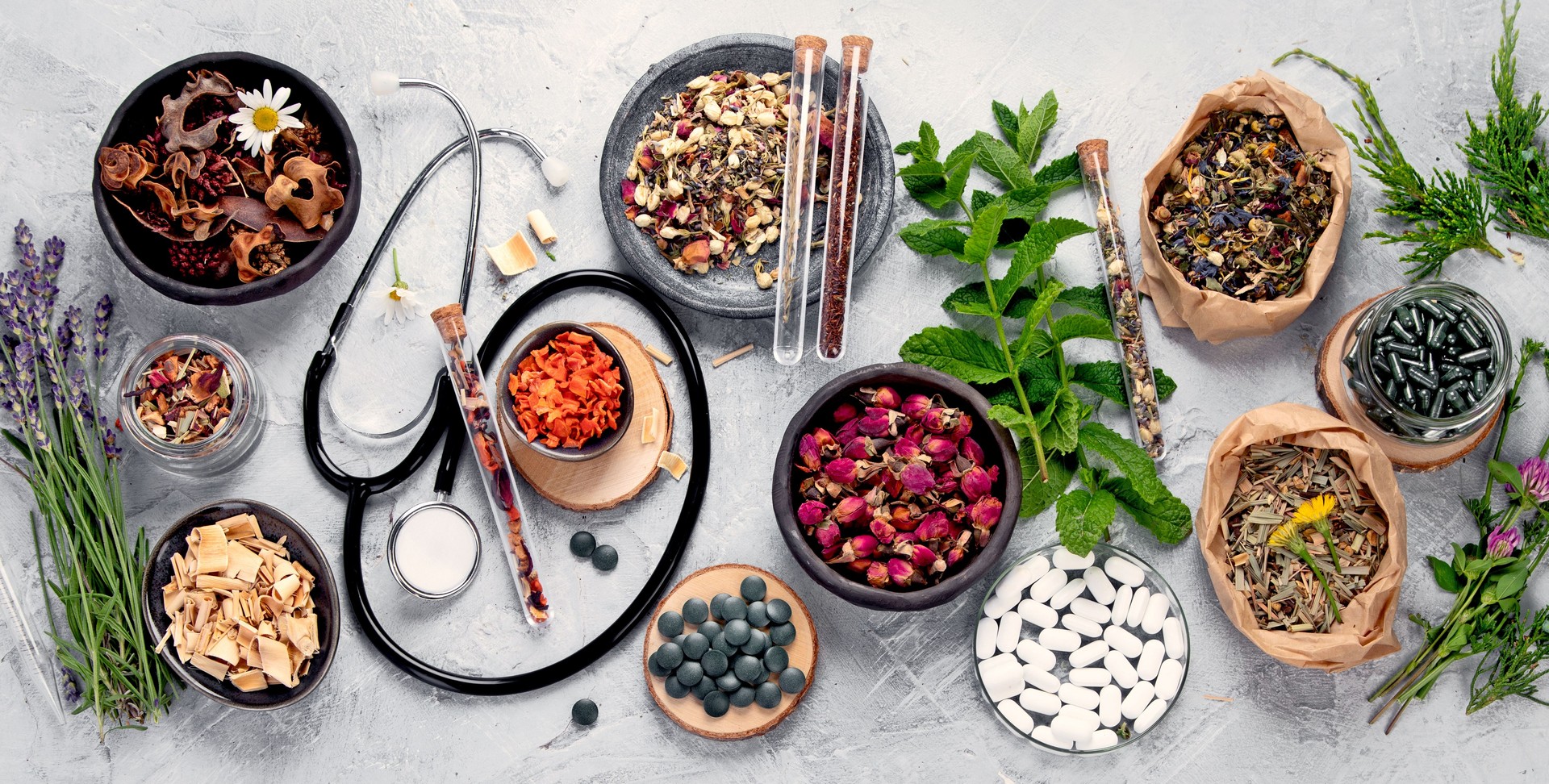 Alternative medicine variation pills and herbs. Alternative medicine variation pills and herbs. Homeopathy medicine concept.
