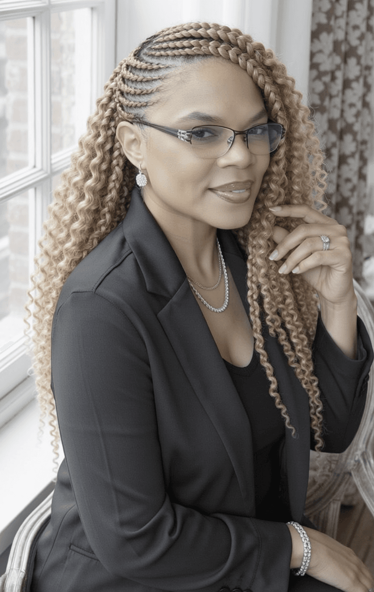 Woman with blonde cornrow braids and glasses wearing a black blazer and silver accessories.