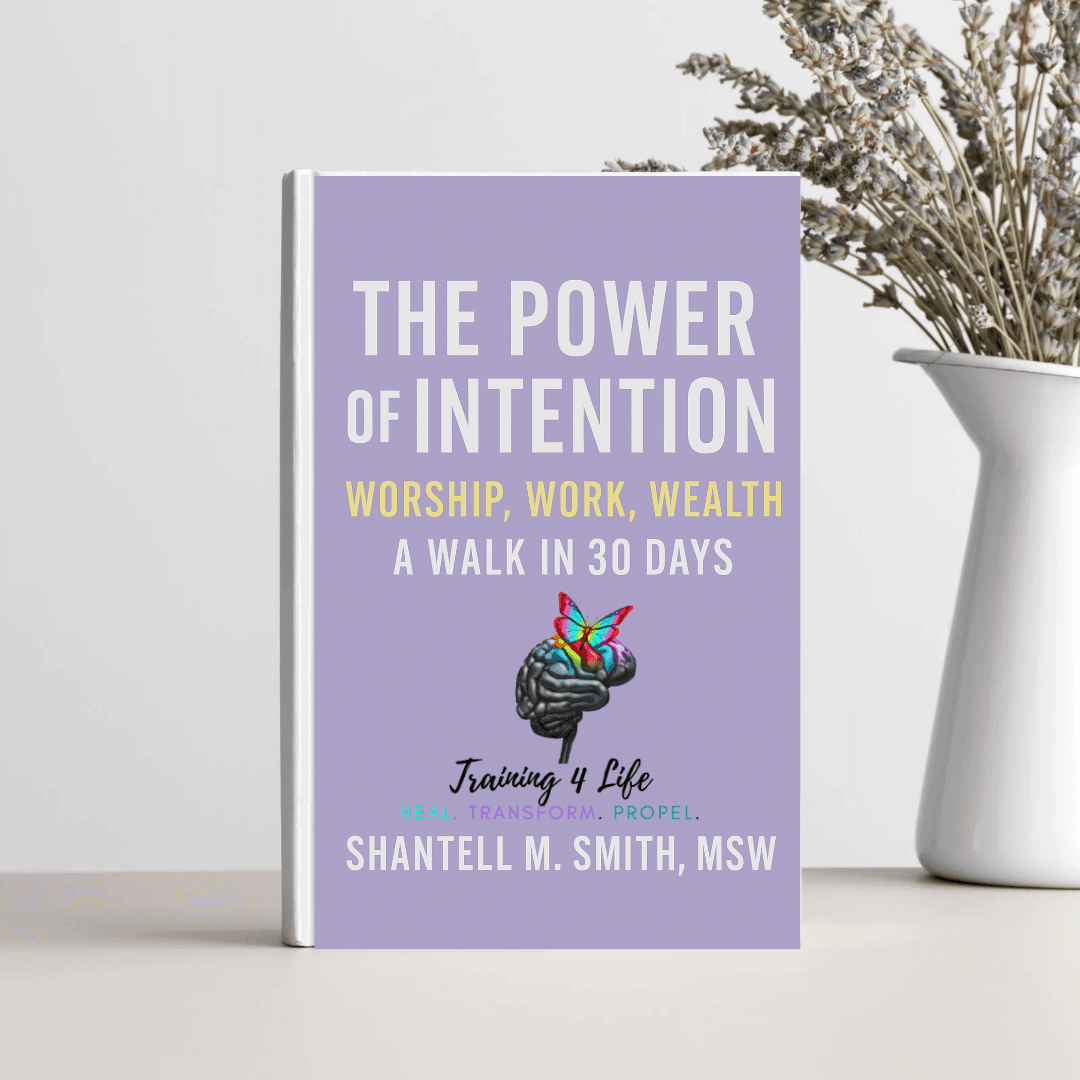 Lavender book "The Power of Intention" by Shantell M. Smith, MSW, featuring a butterfly brain.