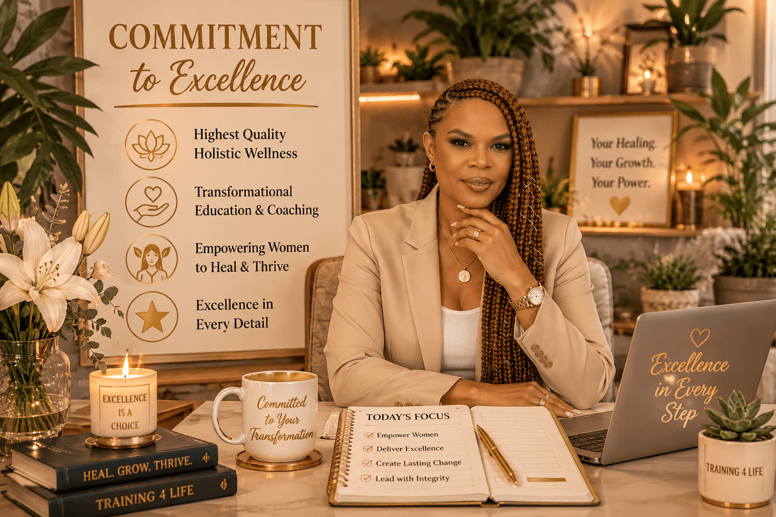 Professional woman with long braids sitting at a desk with motivational signs and wellness items.