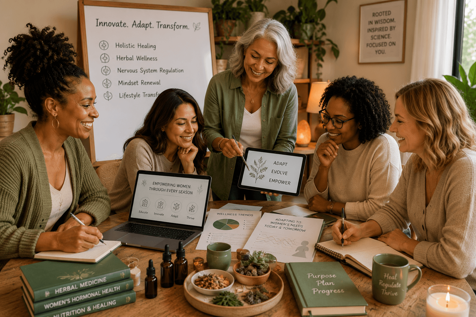 Diverse women collaborate on a holistic wellness project using digital devices and herbal medicine resources.