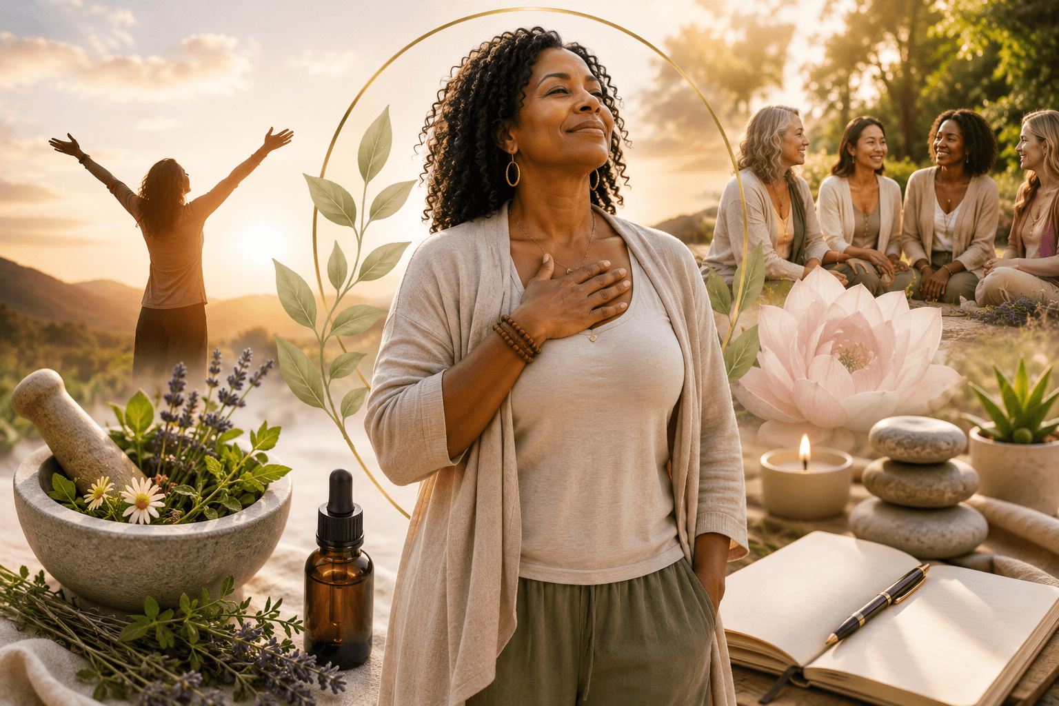 Serene woman with hand on heart surrounded by symbols of holistic health, nature, and community.