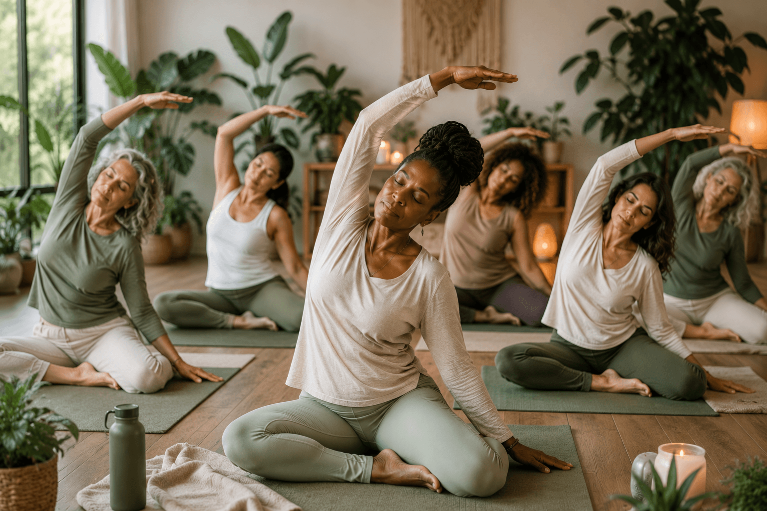 Diverse women perform a seated side stretch in a bright, plant-filled yoga studio.