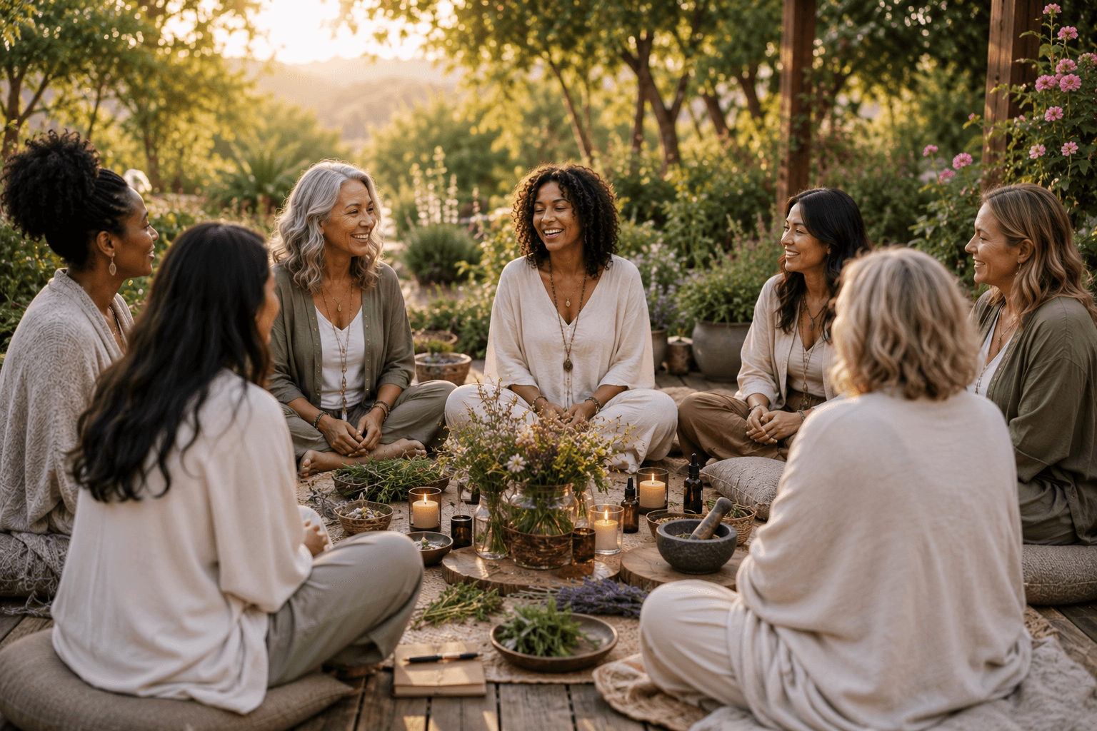 Diverse women sitting in a circle outdoors with herbs and candles during a golden sunset.